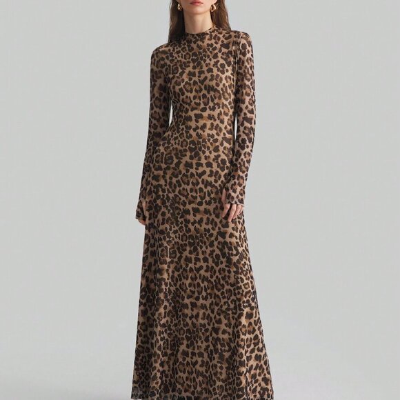 Brown Elegant Women's Leopard Print Digital Pattern Sexy Long maxi Dress - Picture 1 of 9